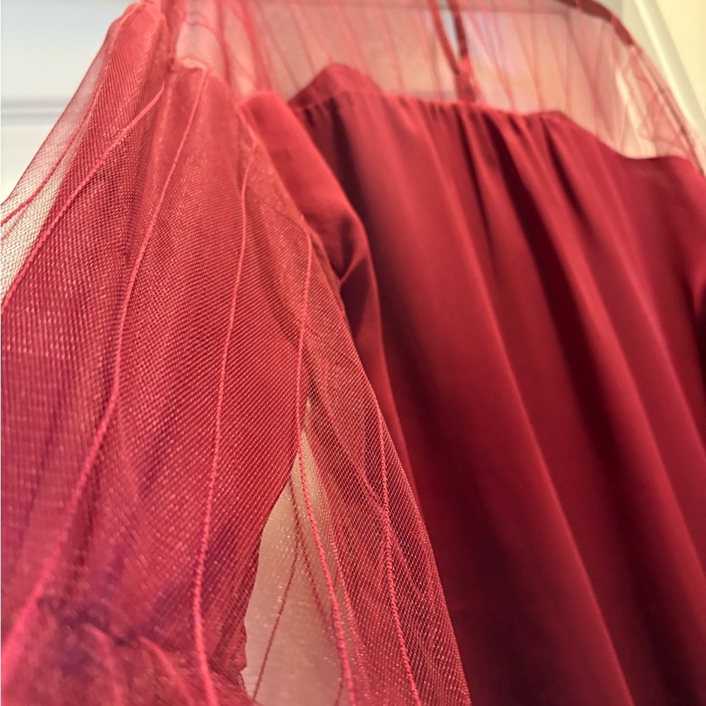 Entro Red Ruffled Blouse with Sheer Sleeves